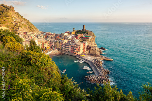 Second in the five villages of Cinque Terre, Liguria, Italy - Vernazza is getting prepared for a stunning sunset photo