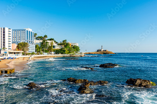 Famous Barra beach and lighthouse on the seafront of Salvador in Bahia, Brazil