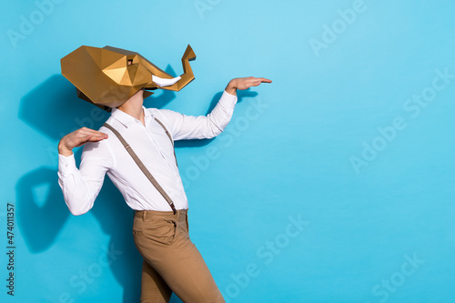 Fotobehang Photo of eccentric funny man wear gold elephant mask walking dancing empty space