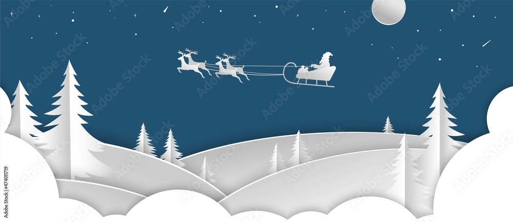 Naklejka premium Merry Christmas and Happy New Year background. Illustration of Santa Claus on the sky. Digital craft style.