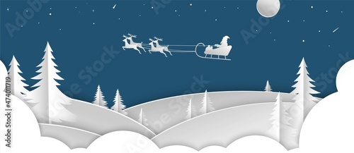 Merry Christmas and Happy New Year background. Illustration of Santa Claus on the sky. Digital craft style.