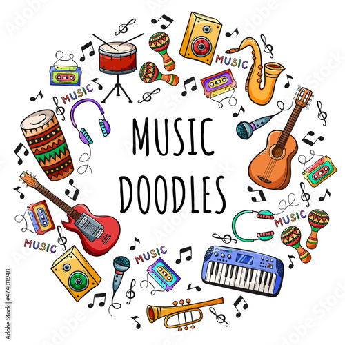Set of hand drawn musical instruments in doodles style.