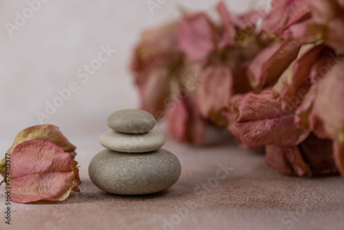 Canvas Print Pyramids of gray zen pebble meditation stones with green leaves on beige background
