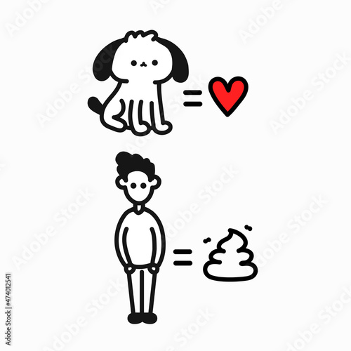 Dog is love,human is shit comic print. Vector hand drawn cartoon character illustration. Isolated on white background. Love cats,hate humans comic print for card,t-shirt,poster concept