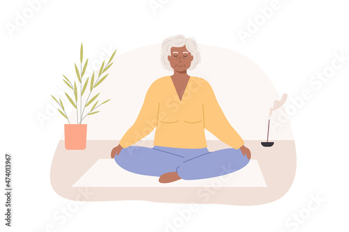 Modern elderly african woman with crossed legs and closed eyes meditating at home. Senior old granny sitting in cozy room and practicing yoga, mindfulness meditation, breath control exercises. Vector.