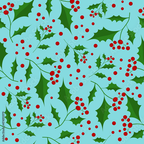 Seamless pattern christmas holly isolated on blue. Vector illustration for card, textile, fabric, paper design, wallpaper