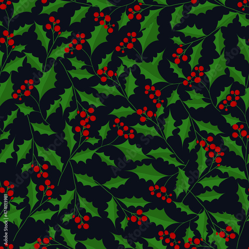 Seamless pattern christmas holly isolated on dark blue. Vector illustration for card, textile, fabric, paper design