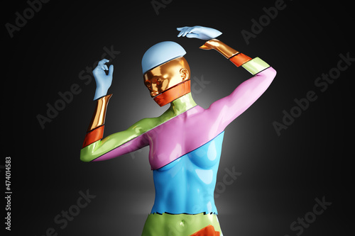 Three dimensional render of naked woman separated into colorful elements symbolizing personality traits photo