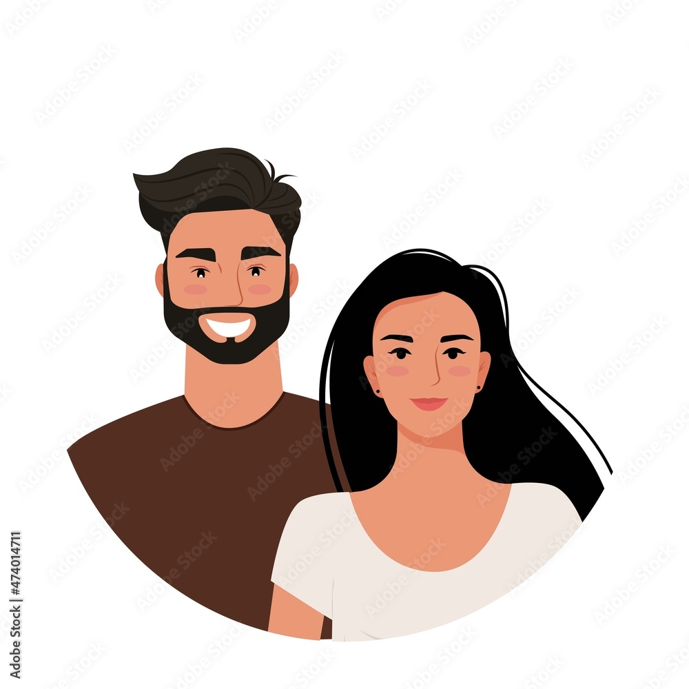 Beautiful couple, young woman and man, portraits. Vector illustration in flat style. Beautiful couple, young woman and man, portraits. Vector illustration in flat style.