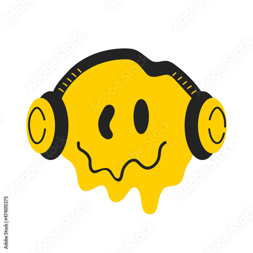 Melt distortion smile face with headphones.Vector cartoon character logo illustration. Smile emoji face,listen music in headphones print for t-shirt, poster,sticker,cover,card,logo concept