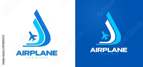 Airplane logo blue lines flight up. Logotype plane stripes curves