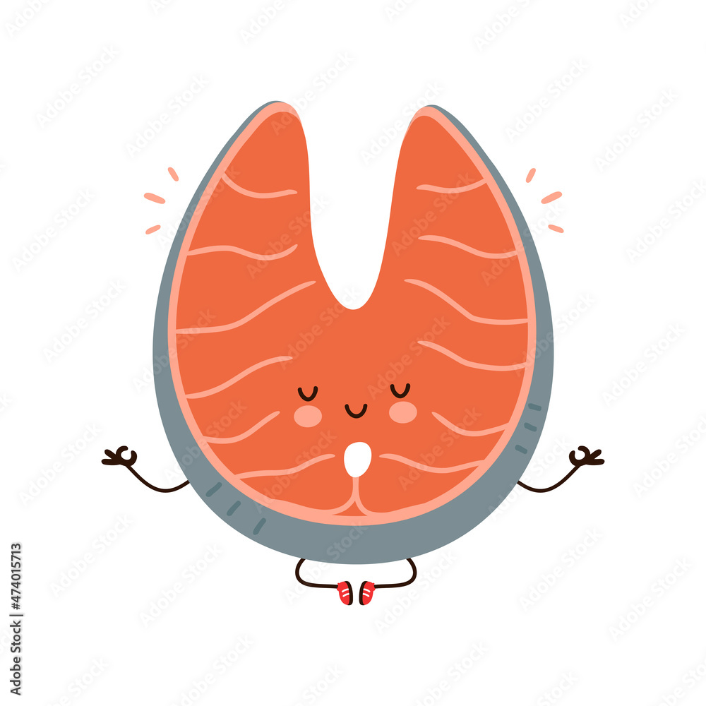 Cute funny red salmon fish character meditate in yoga pose. Vector hand drawn cartoon kawaii character illustration icon. Isolated on white background. Red salmon fish character concept Cute funny red salmon fish character meditate in yoga pose. Vector hand drawn cartoon kawaii character illustration icon. Isolated on white background. Red salmon fish character concept