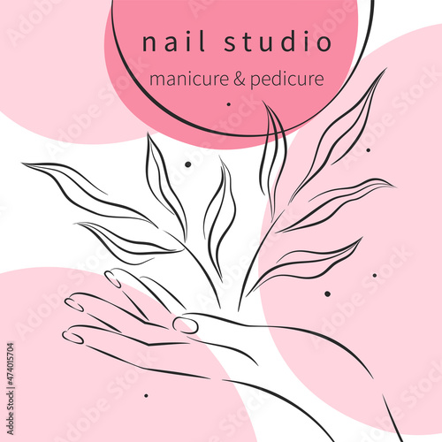 Beautiful female hands with manicure. Design for nail studio for social media posts and stories. Vector illustrations