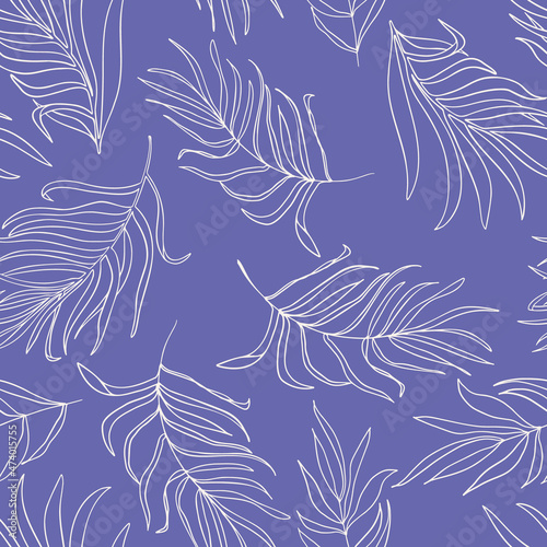 Very peri lilac leaves seamless repeat pattern. Random placed, vector outline botany plants all over surface print background.