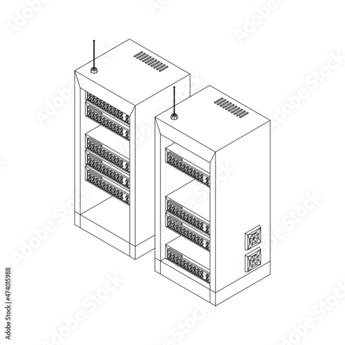 Data network server in cabinet. Diagnostic test in computer room technology communication computers and device concept. Wireframe low poly mesh vector illustration.
