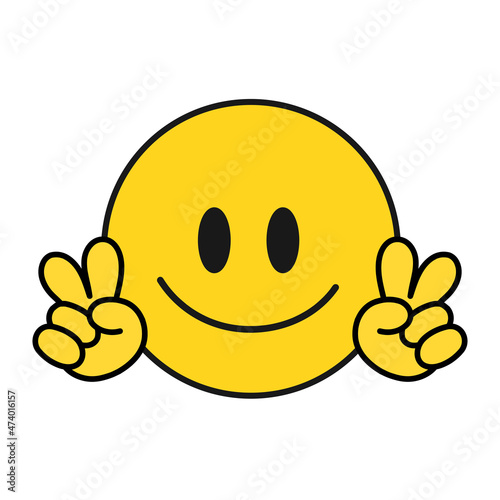 Smile face with peace hippie gesture t-shirt print. Vector hand drawn cartoon character illustration.Smile emoji face, peace gesture print for t-shirt,poster,sticker,logo concept