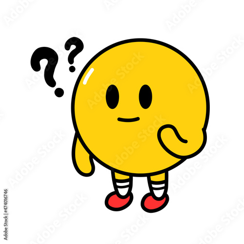 Cute funny think emoji smile face with question mark. Vector flat line doodle cartoon kawaii character illustration icon. Isolated on white background. Yellow emoji circle think character concept