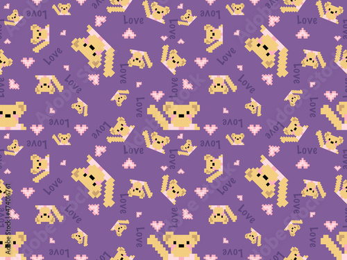 Fototapeta Naklejka Na Ścianę i Meble -  Bear cartoon character seamless pattern on purple background. Pixel style