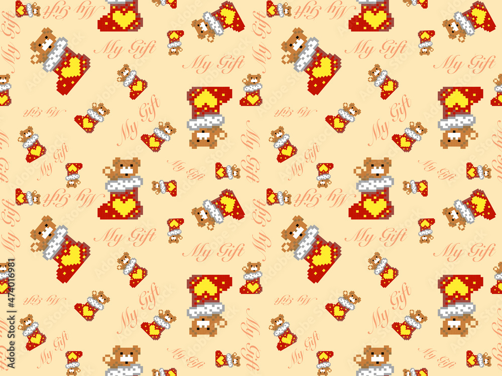 Bear and Christmas socks cartoon characters seamless pattern on yellow background