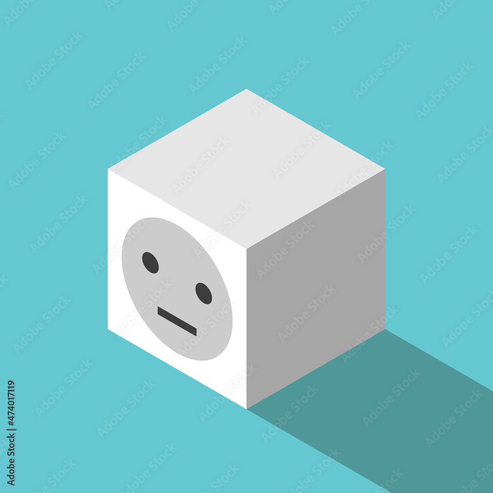 Fototapeta premium Isometric cube, indifferent apathetic face. Indifference, apathy, despair, neutral feedback, depression and boredom concept. Flat design. EPS 8 vector illustration, no transparency, no gradients