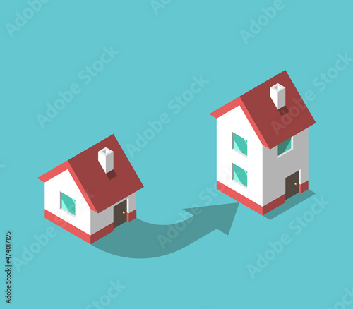 Small and big houses and arrow. Moving house, increase, expanding, improvement, real estate, home purchase and migration concept. Flat design. EPS 8 vector illustration, no transparency, no gradients