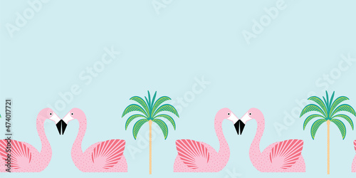 Flamingo float border repeat with geometric mid century palm tree illustrations inspired by a Palm Springs pool party. Vector illustration in pink, turquoise blue and green colors. Fun and cute summer photo