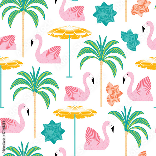 Pool party with flamingo float, palm tree and sunshine umbrella pattern repeat with geometric mid century illustrations inspired by Palm Springs. Vector illustration in pink, green, yellow and orange photo