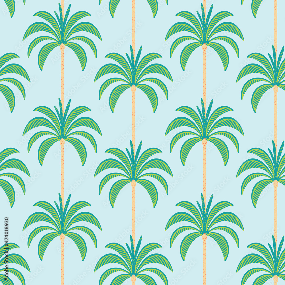 Palm tree pattern repeat retro mid century illustrations inspired by Palm Springs summer. Turquoise blue vector illustration. Fun and cute summer surface design.
