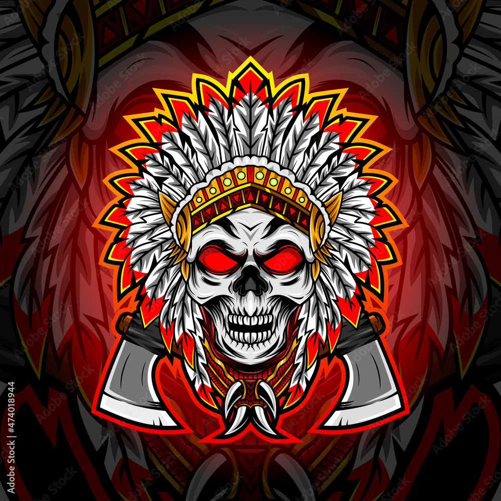 Tribal chief skull head esport mascot logo