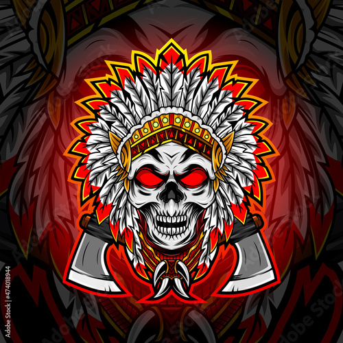 Tribal chief skull head esport mascot logo
