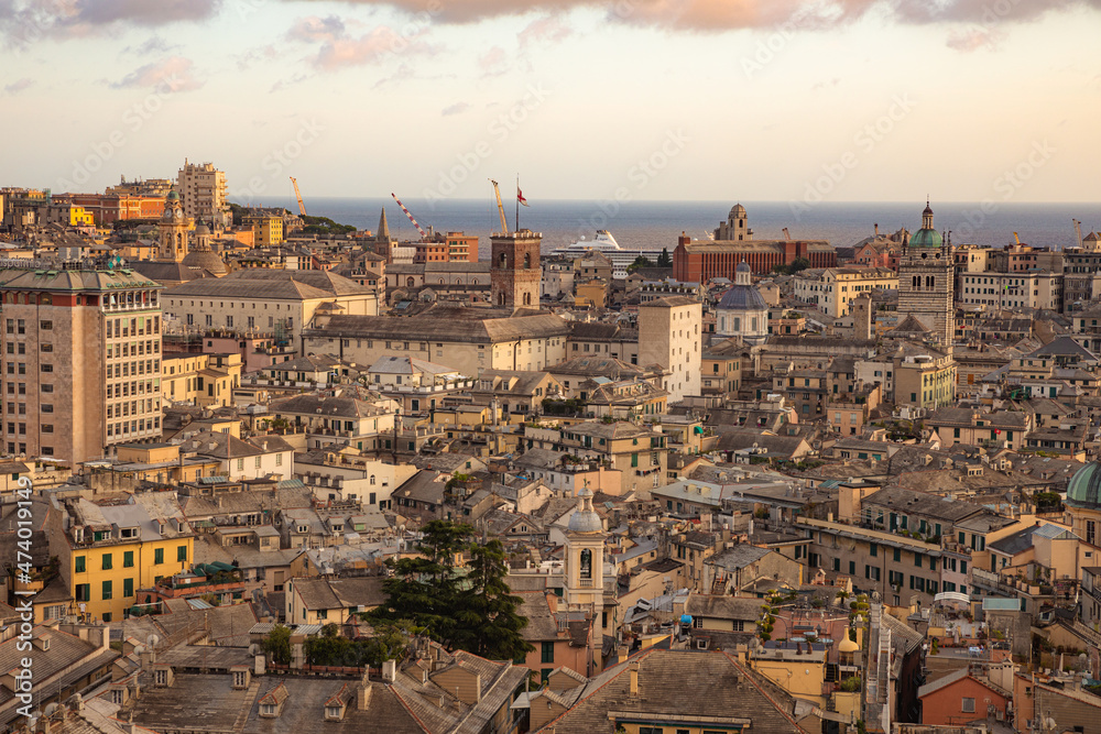  spectacular views of the historic city center of Genoa from Castelletto at sunset