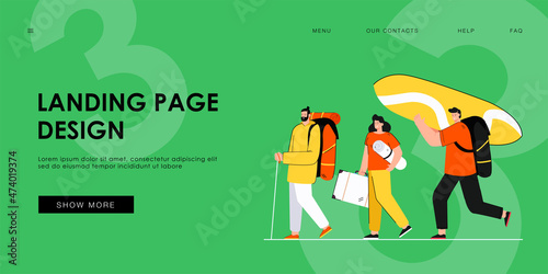 Happy group of tourists walking with suitcases isolated flat vector illustration. Cartoon characters with bags in airport line going to trip. Journey, travel and vacation concept
