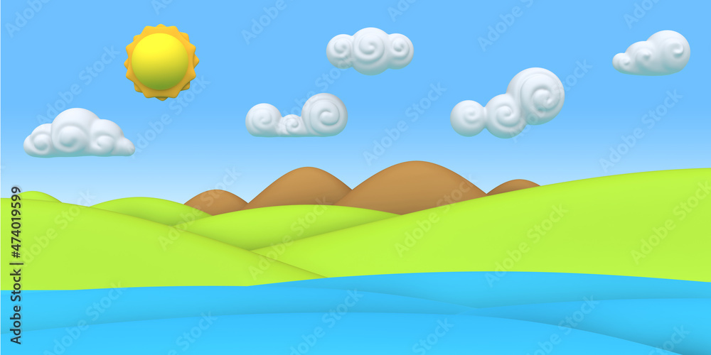 Cartoon nature green summer landscape with water. Colorful modern minimalistic concept render. Stylized funny children clay, plastic or wood toy. Realistic fashion 3d illustration for background game.