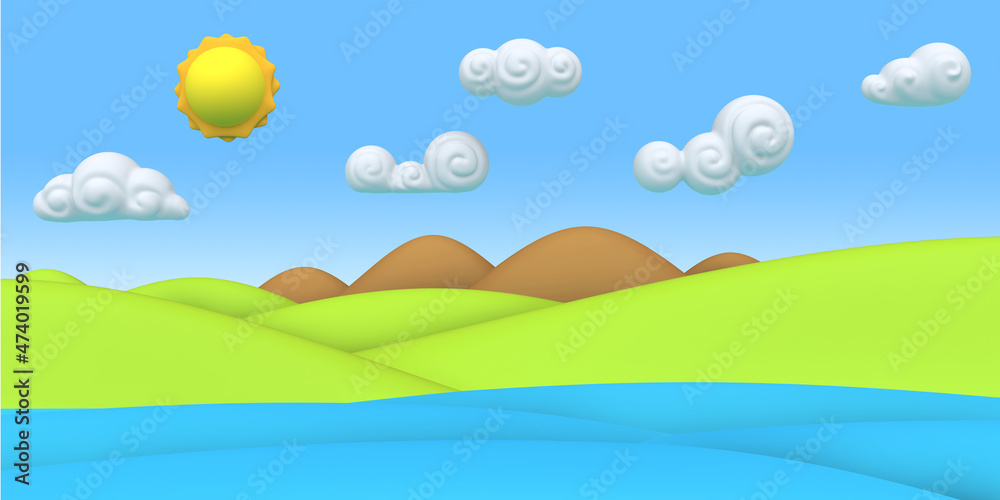 Fototapeta premium Cartoon nature green summer landscape with water. Colorful modern minimalistic concept render. Stylized funny children clay, plastic or wood toy. Realistic fashion 3d illustration for background game.