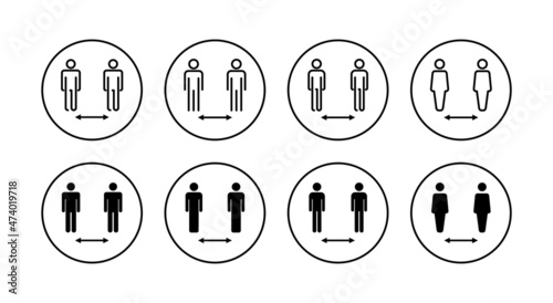 Social distance icons set. social distancing sign and symbol. self quarantine sign