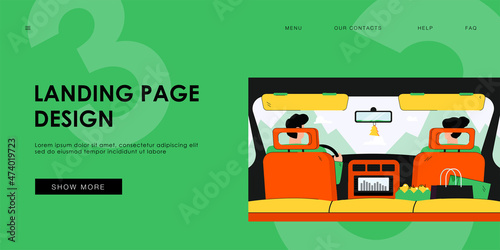 Rear view from backseat of driver and passenger in car isolated flat vector illustration. Cartoon couple driving on nature. Travel, safety speed road and navigation concept