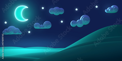 Cartoon nature night summer landscape with moon, star. Colorful modern minimalistic concept render. Stylized funny children clay, plastic toy. Realistic fashion 3d illustration for background game.