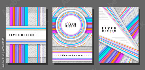 Vector Flyers Set, 3 colorful layouts with decorative triangle shape with copy space for text on white abstract background, collection of minimal design flyer templates for corporate business company