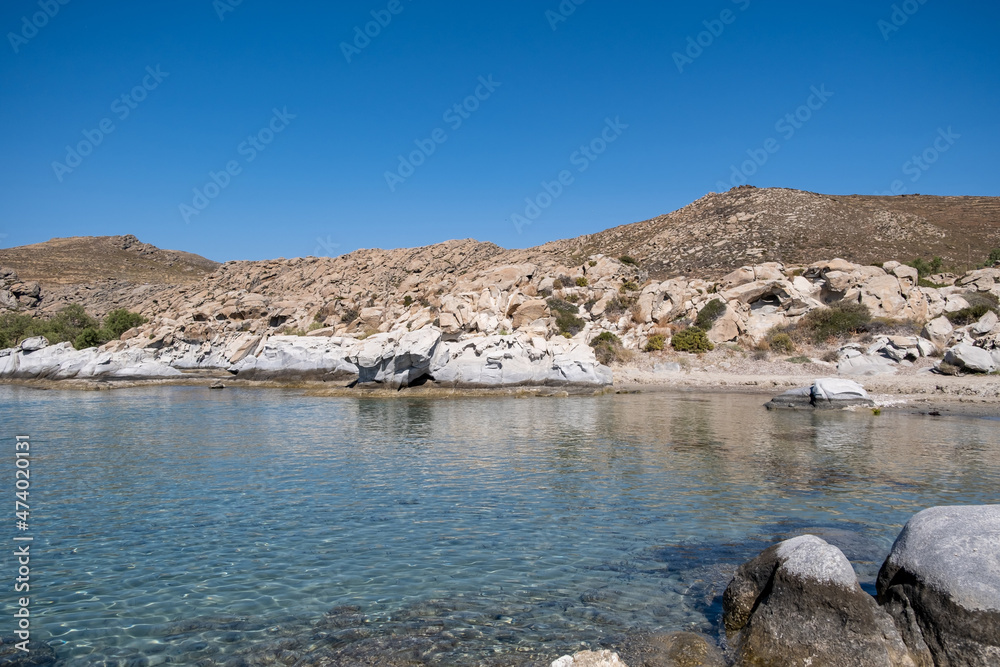 Granite rocks formations at Kolymbithres village sandy beach at Paros island Cyclades Greece.