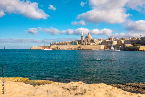 Malta, South Eastern Region, Valletta, Marsamxett Harbour and Saint Elmo Bay on sunny day photo
