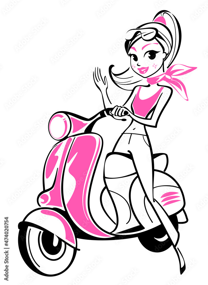 Obraz premium Teenage girl on scooter, vector illustration on white background. Two color wall sticker vector image