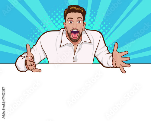 bearded man surprised something on white banner