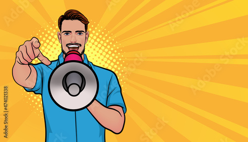 bearded man handsome shouting using megaphone and pointing