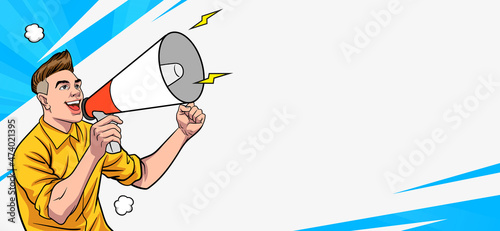 Business man screaming with a megaphone on banner