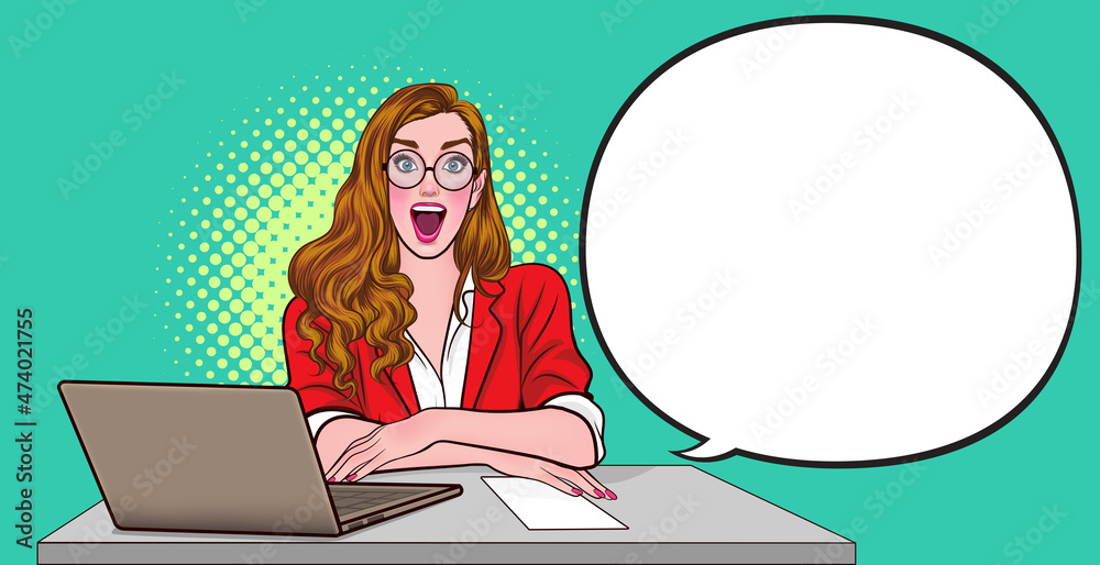 Smiling business woman sitting in office with speech bubble Smiling business woman sitting in office with speech bubble