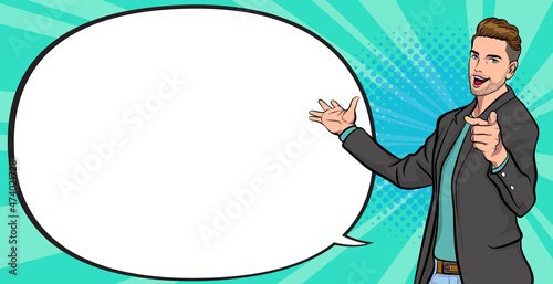 Smiling bearded businessman point and presenting with speech bubble