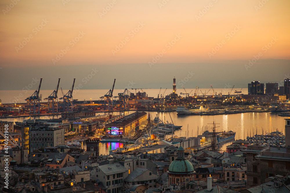 stunning panoramic aerial view of the port of Genoa In the evening