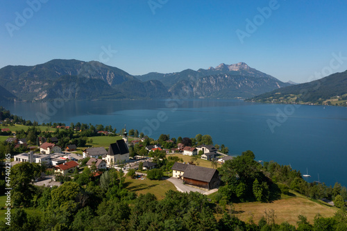 Austria, Upper Austria, Steinbach am Attersee, Drone view of small town on shore of Lake Atter photo