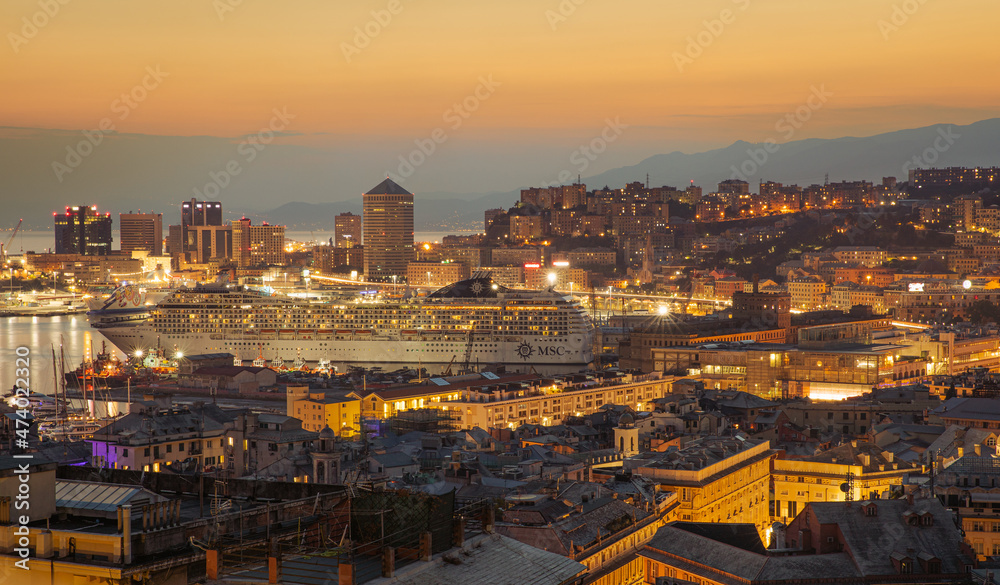 Obraz premium stunning panoramic aerial view of the port of Genoa In the evening