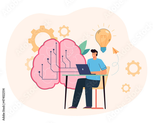 Office worker or programmer and huge brain in background. Man learning about digital technology on computer, cloud storage with data flat vector illustration. Education, AI concept for banner